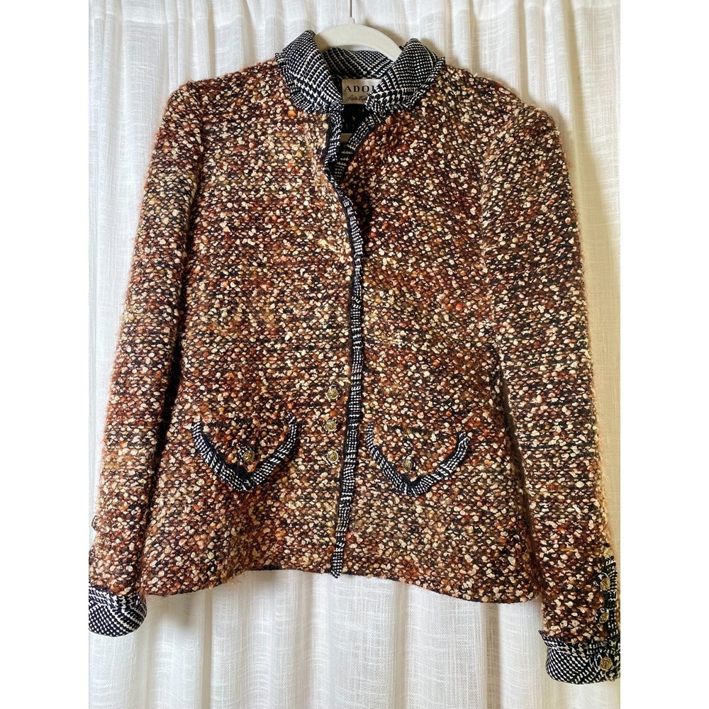Vintage ADOLFO Suit Jacket Wool Blend Knit Boucle Orange/Brown Tweed Saks | 6-8